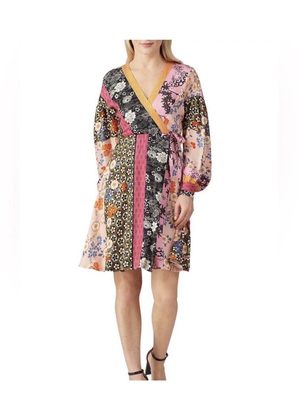Pinko Patchwork Floral Wrap Midi Dress in Pink, Black, Gold